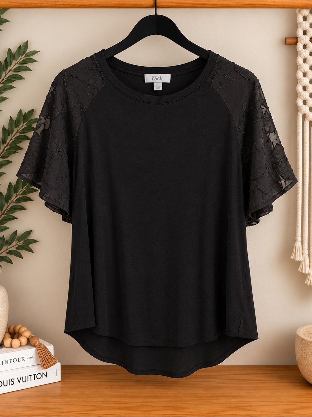 Nordstrom Black Lace Flutter Sleeve Tee